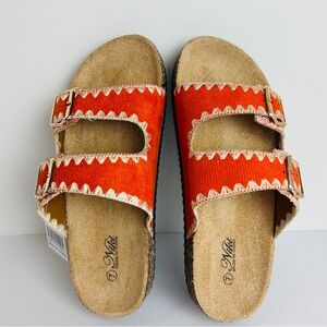 NWT Niki Slip On Sandals Women's 7 Orange Double Strap Gold Buckles Embroidered